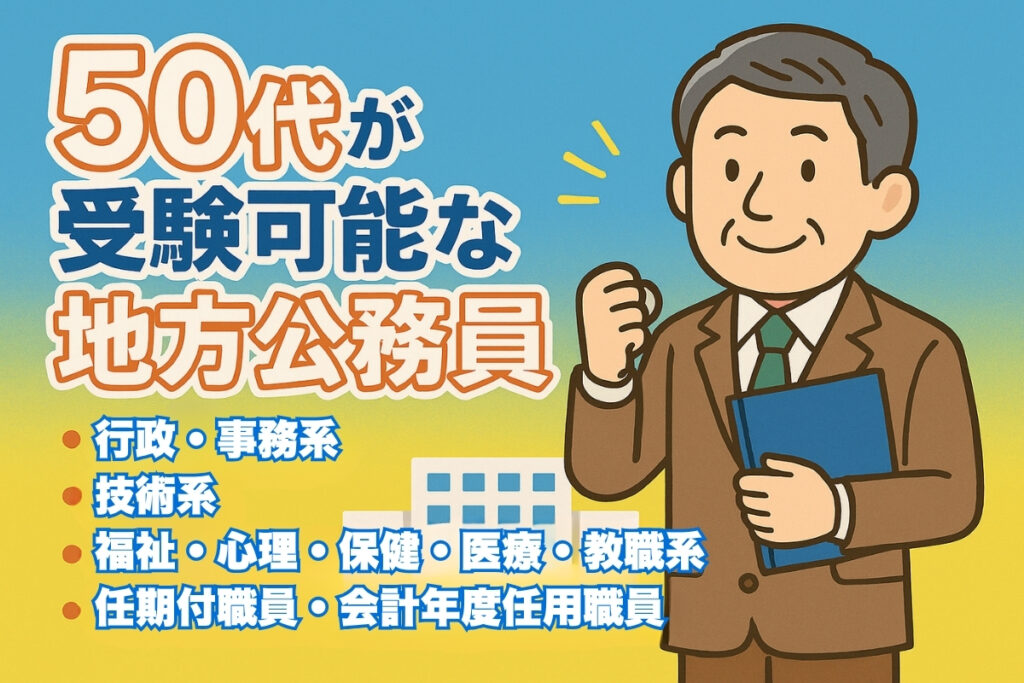 50代が受験可能な地方公務員は行政・事務・技術・福祉・心理・保健・医療・教職・任期付職員・会計年度任用職員